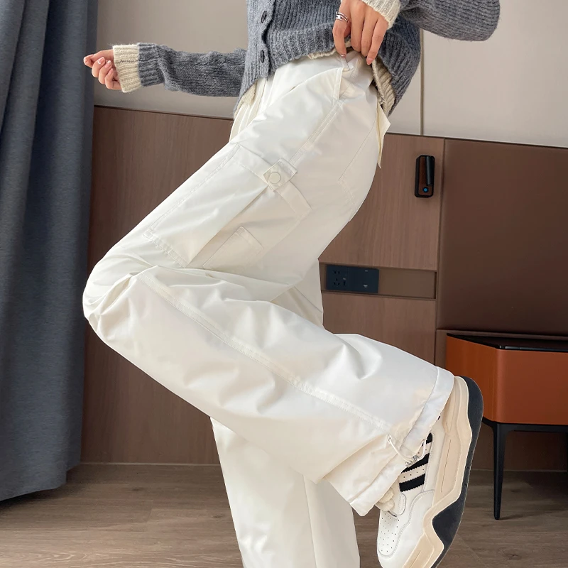米白色阔腿羽绒裤女外穿2024冬季新款宽松加绒加厚保暖束脚工装裤