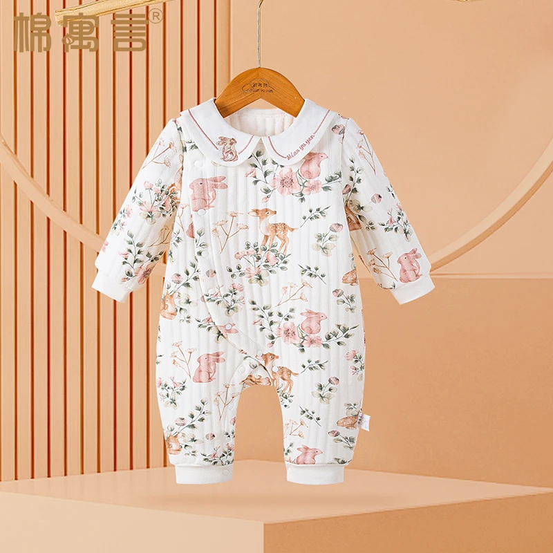 婴儿哈衣宝宝连体衣秋冬季三层保暖衣可爱翻领夹棉爬服家居打底衣