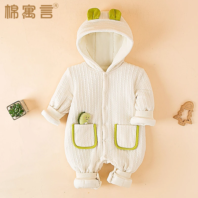 婴儿夹棉连体衣冬季保暖哈衣棉衣超萌洋气连帽外出服加厚宝宝爬服