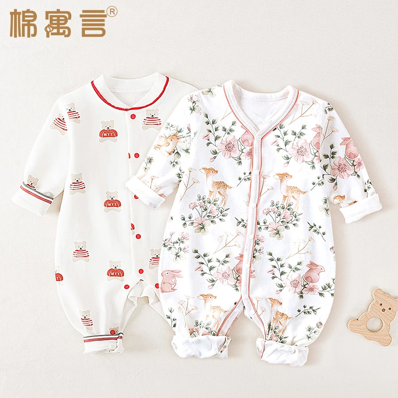 新生婴儿宝宝初春外出服爬服薄家居服夏季纯棉长袖连体衣开胸哈衣