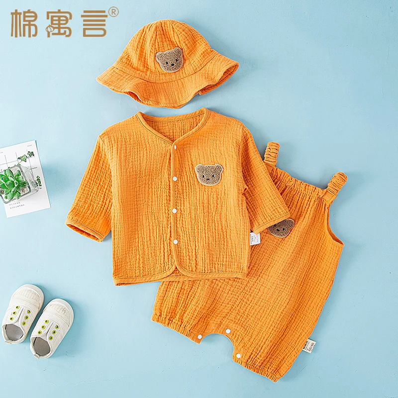婴儿连体衣夏季纯棉纱布哈衣宝宝吊带太阳帽爬服可爱洋气小套装