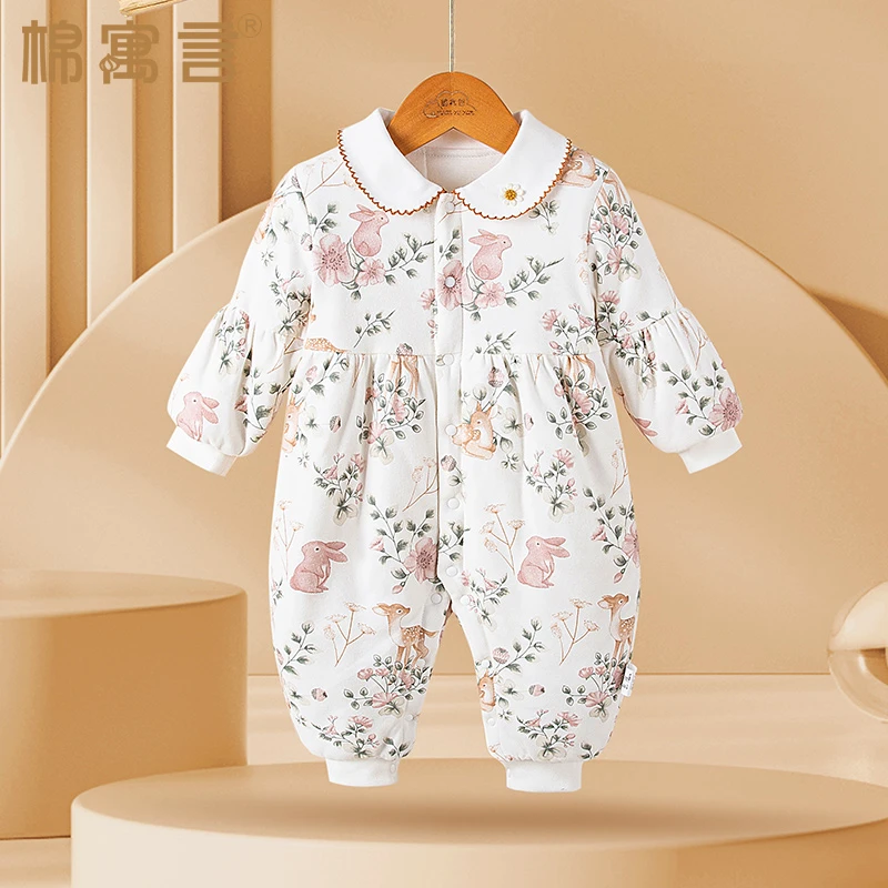 婴儿夹棉连体衣秋冬款女宝超萌公主哈衣爬服新生儿保暖加棉衣服