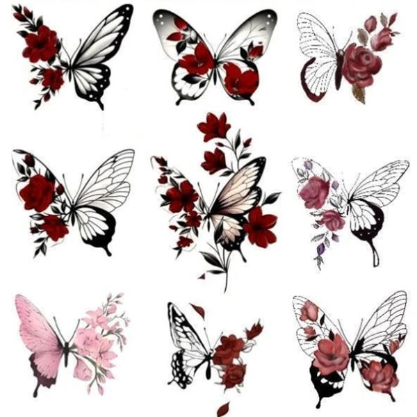 纹身贴防水女持久逼真性感红色玫瑰花蝴蝶胸前胸部锁骨遮疤贴纸
