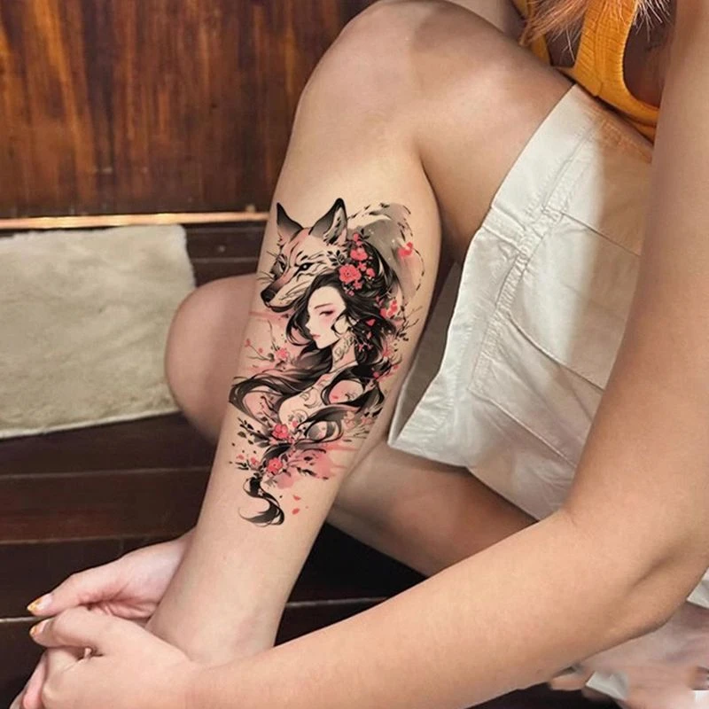 霸气狐狸艺妓高颜值彩色纹身贴日系花臂防水持久潮酷辣妹手臂彩绘