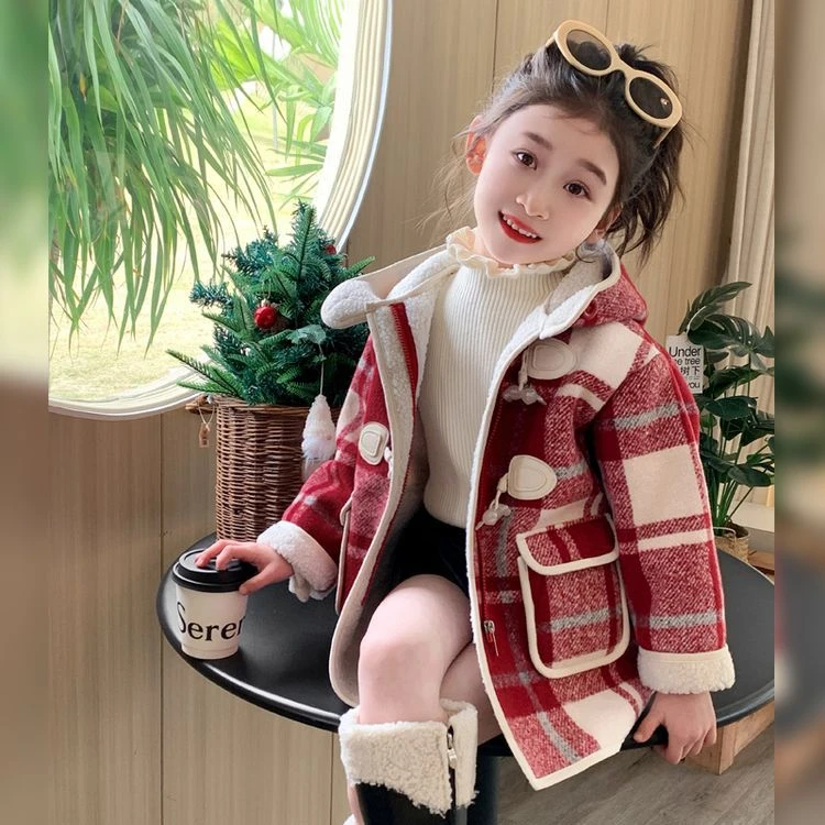 女童呢子外套2024新款女宝宝格子加绒加厚秋冬款儿童洋气毛呢大衣