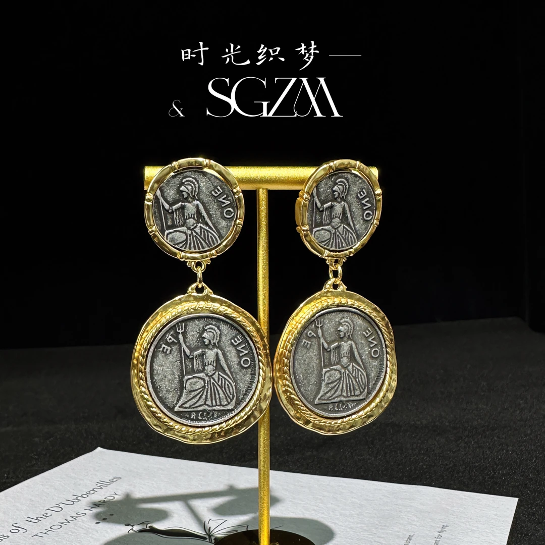 铜合金耳饰 中古镀金 古币款 耳针耳夹 复古双面 个性时尚