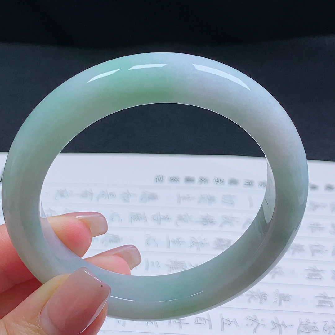 56圈天然翡翠A货老坑冰糯种果绿色正圈手镯077女款平安镯浅绿
