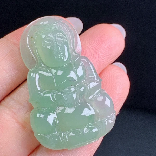 天然翡翠A货老坑冰种满绿色坐莲观音16气质精雕冰透守护神精美