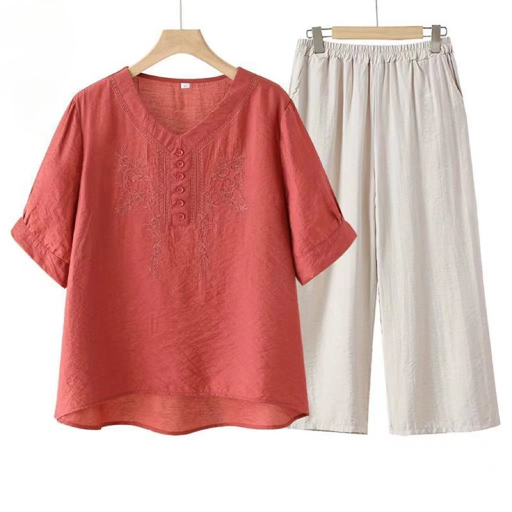 高档套装高贵母亲刺绣短袖T恤夏季中年洋气大码妈妈装上衣