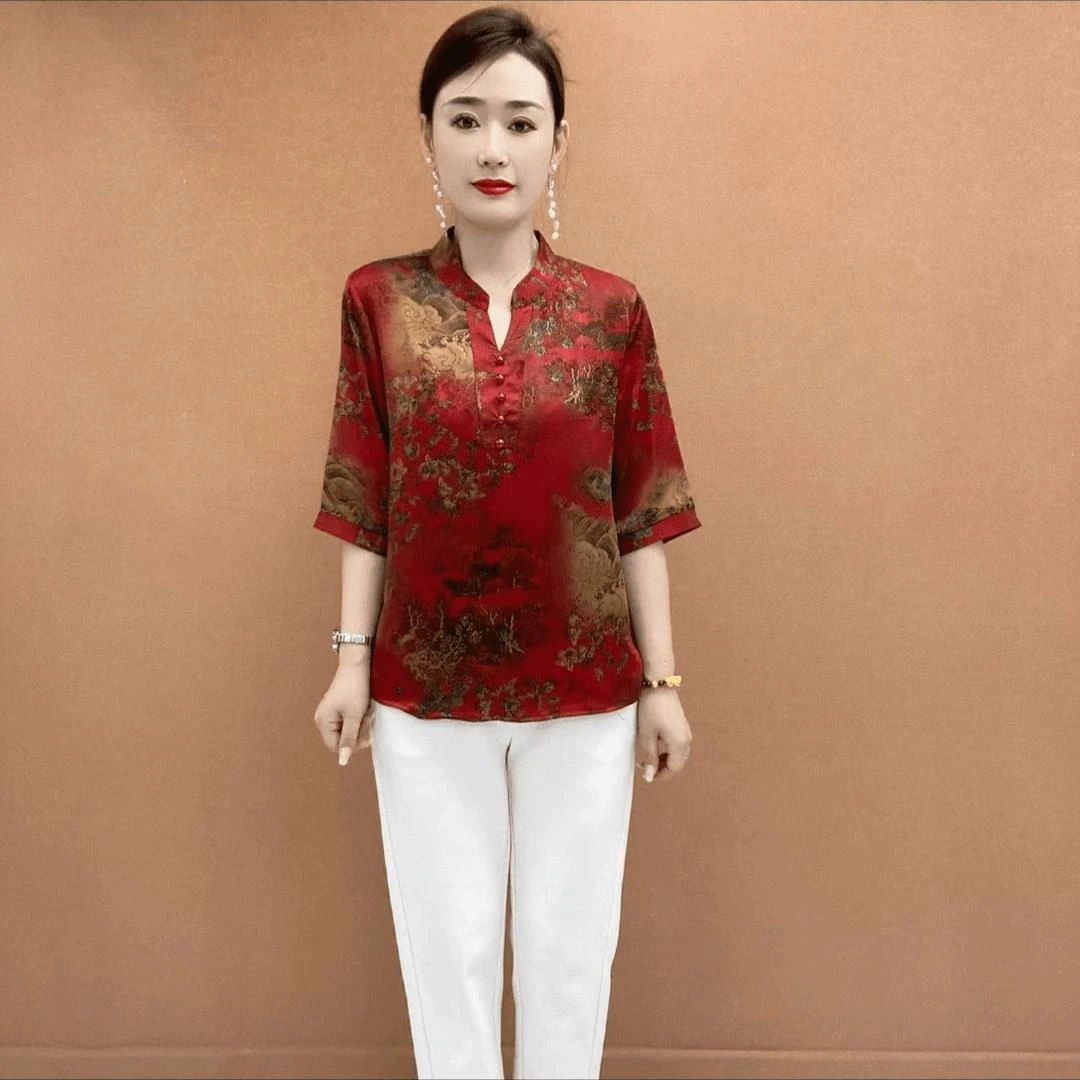 【专柜品质】2024夏季洋气显瘦时尚妈妈装大码宽松印花中老年小衫