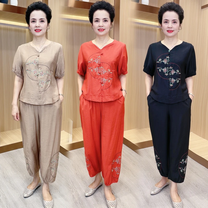 中老年人夏装女奶奶短袖T恤妈妈套装70岁80老人衣服太太洋气新款