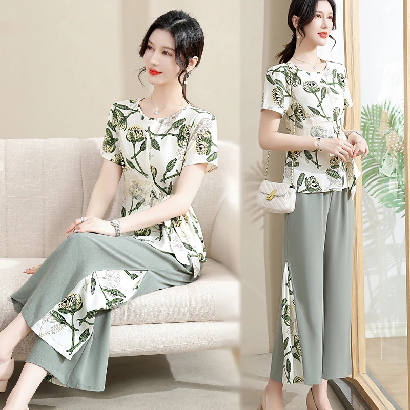 中年妈妈夏装套装短袖雪纺衫洋气2025新款中老年女显瘦衣服两件套