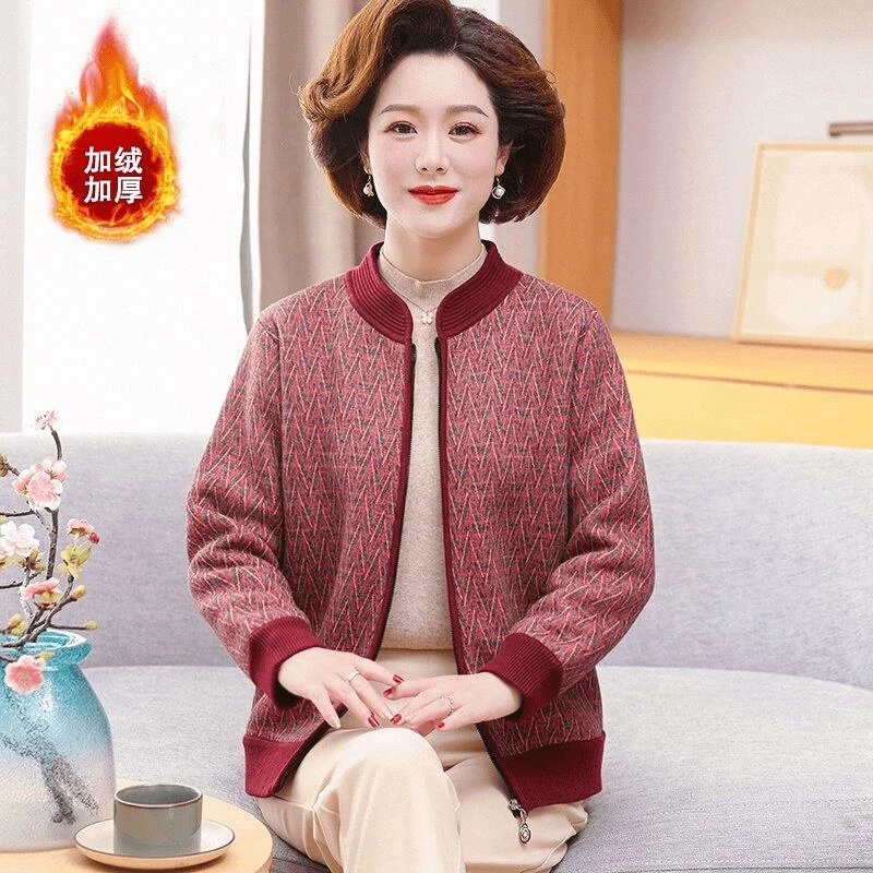 秋冬中老年气质时尚百搭宽松长袖大码加绒加厚优雅妈妈装女士开衫