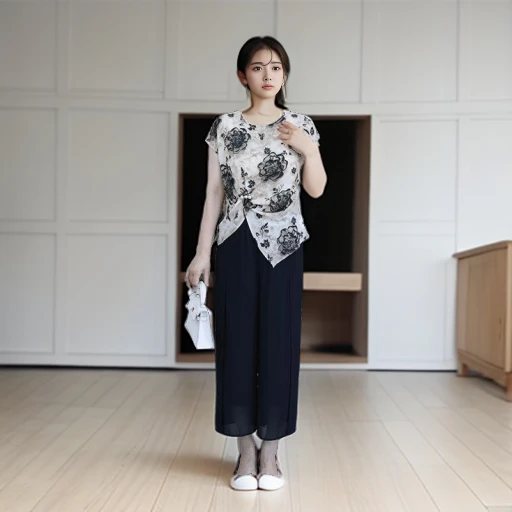 时尚中年妈妈夏装优雅上衣印花气质小衫双层阔腿裤两件套