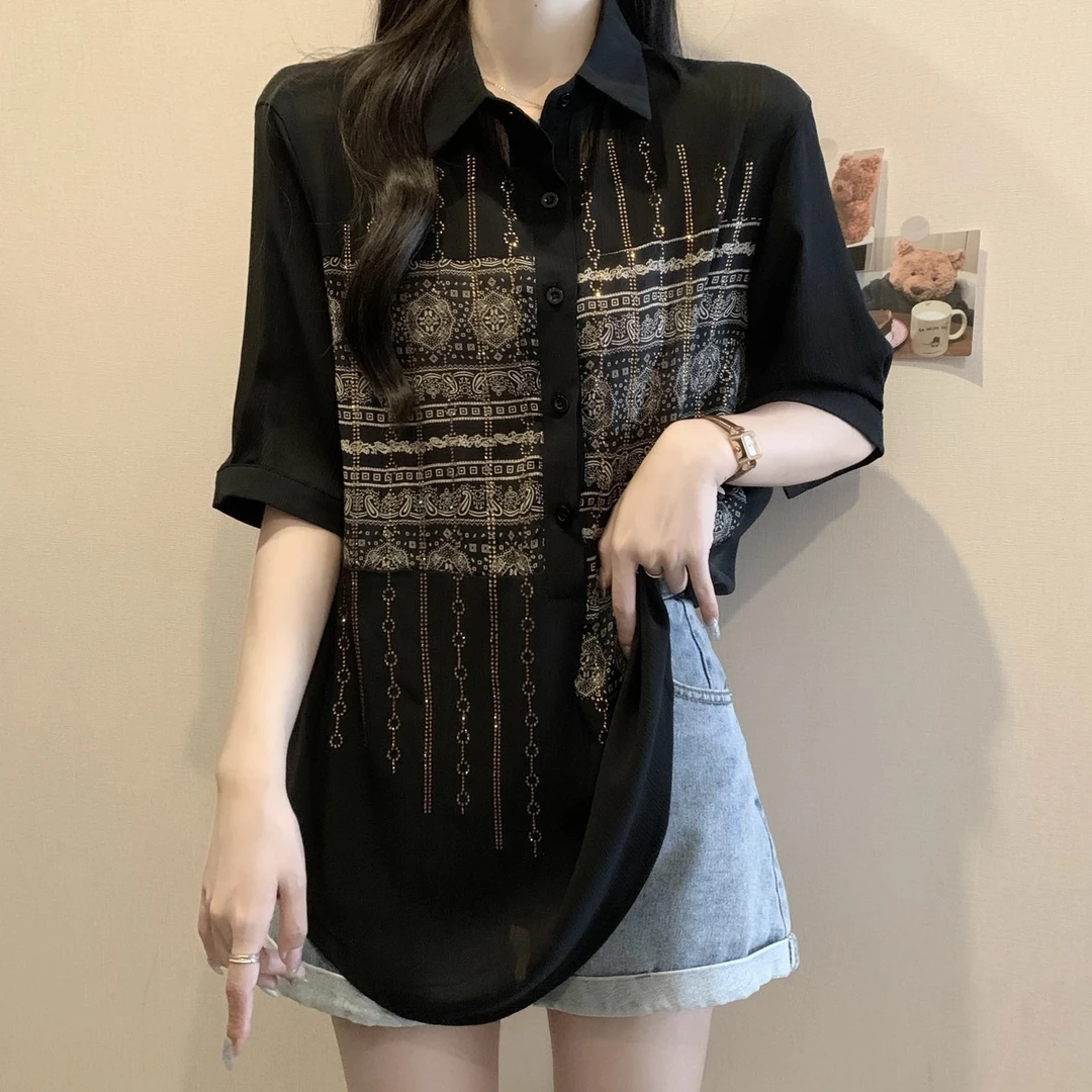 女装复古设计感烫钻洋气短袖衬衫显瘦上衣高级