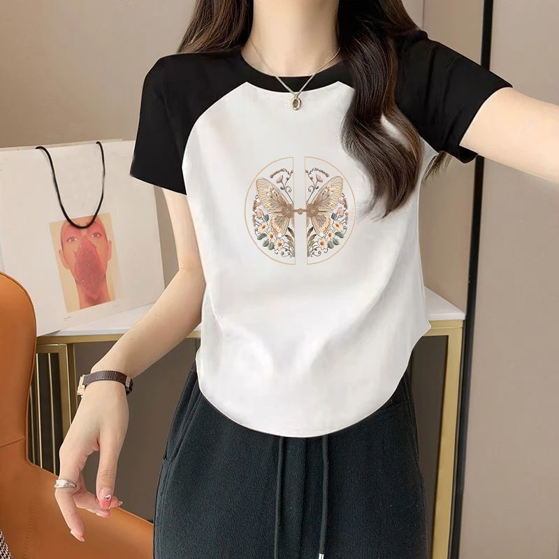 纯棉新款印花国风百搭时尚夏季短款拼色弧形新中式短袖T恤女上衣