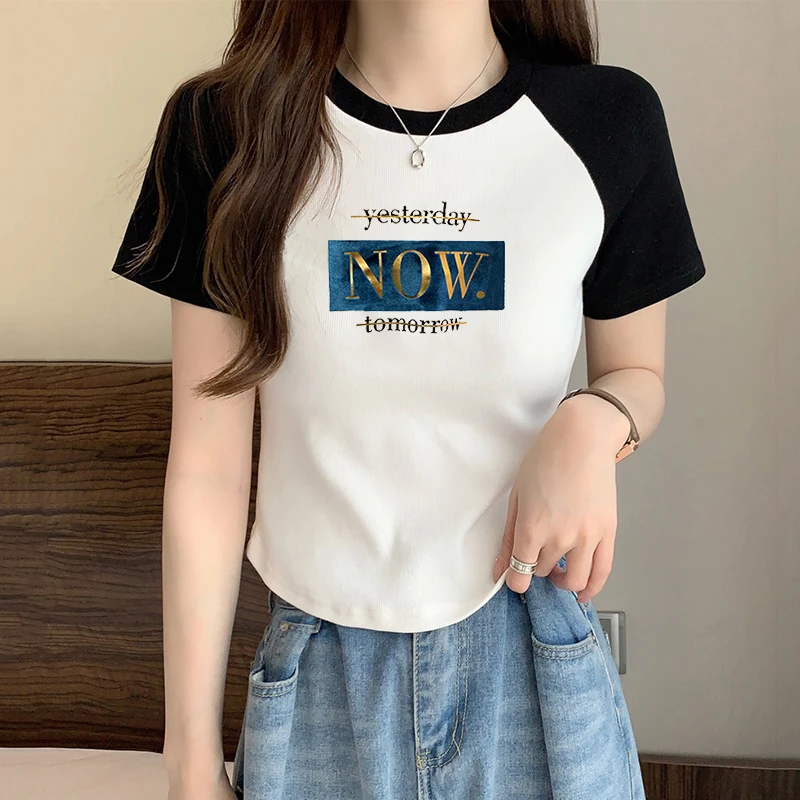纯棉女装短袖夏季圆领不规则拼接印花修身2023新款时尚短款女T恤