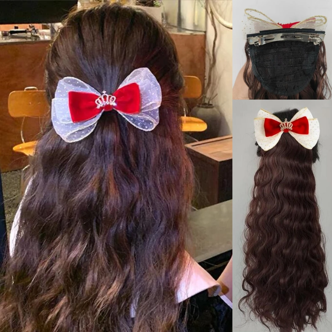 春夏款儿童假发皇冠蝴蝶结弹簧夹款羊毛卷自然卷35厘米短款卷马尾