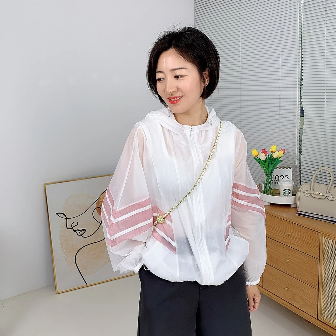 诗想 2024春秋薄款防晒衣女撞色拼接连帽宽松韩版透气防晒服外套