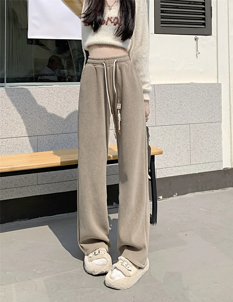 纯色窄版阔腿裤女秋冬新款百搭垂感显瘦加绒加厚条纹直筒休闲裤子