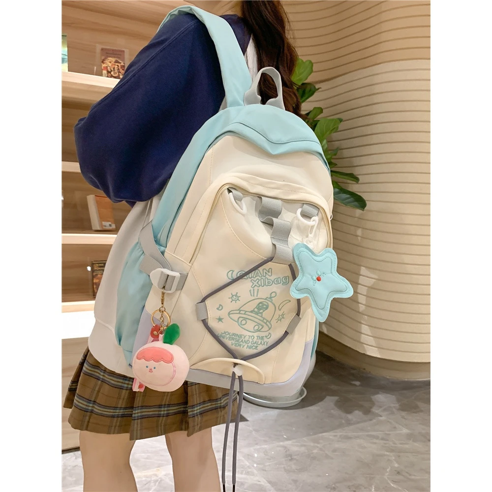 书包大学生女大容量韩版百搭撞色双肩包 初高中学生K2星球兔背包