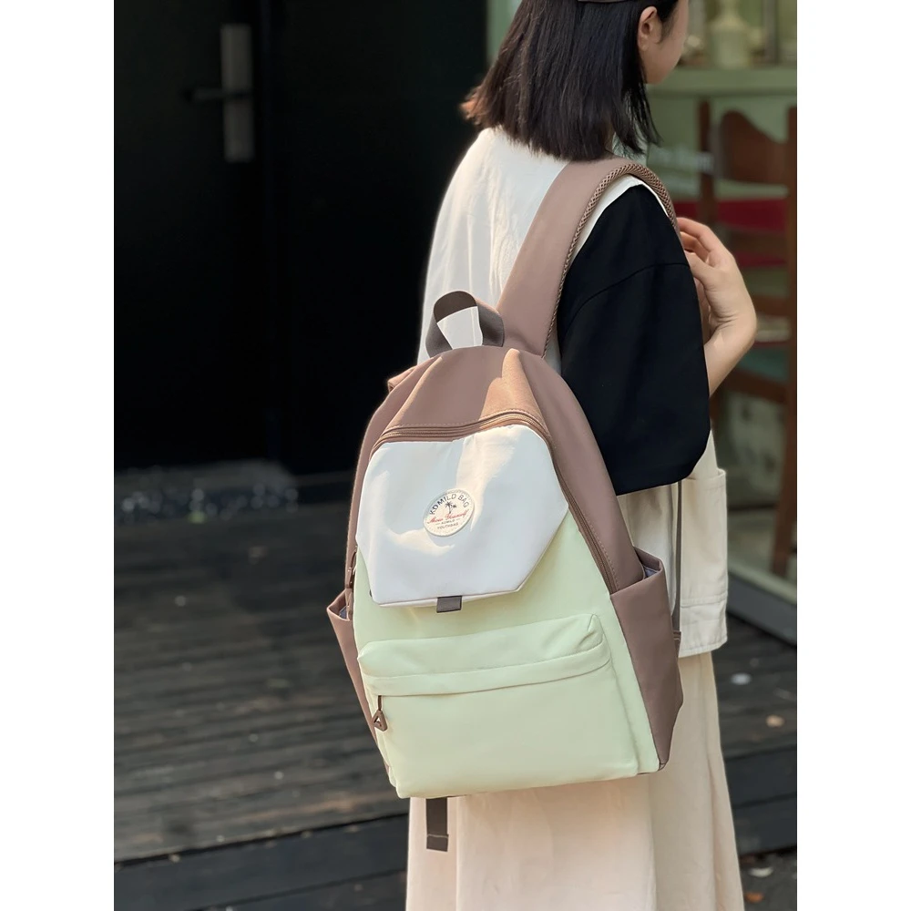 书包大学女双肩包2024新款撞色高中大学生上课包书包女小众设计感