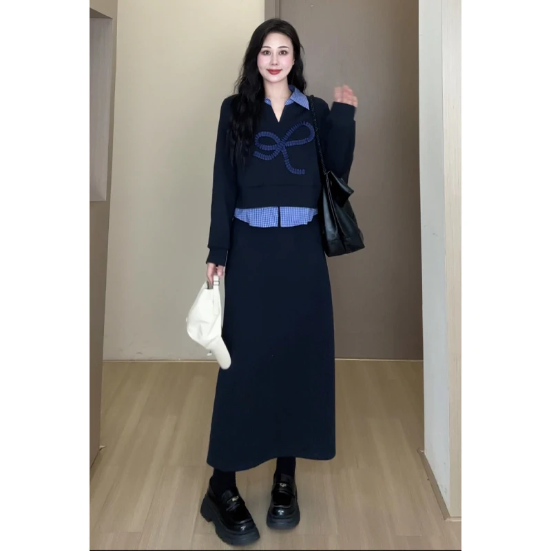 【柏林学姐】秋季拼接撞色翻折设计后摆开叉时尚套装DM22473