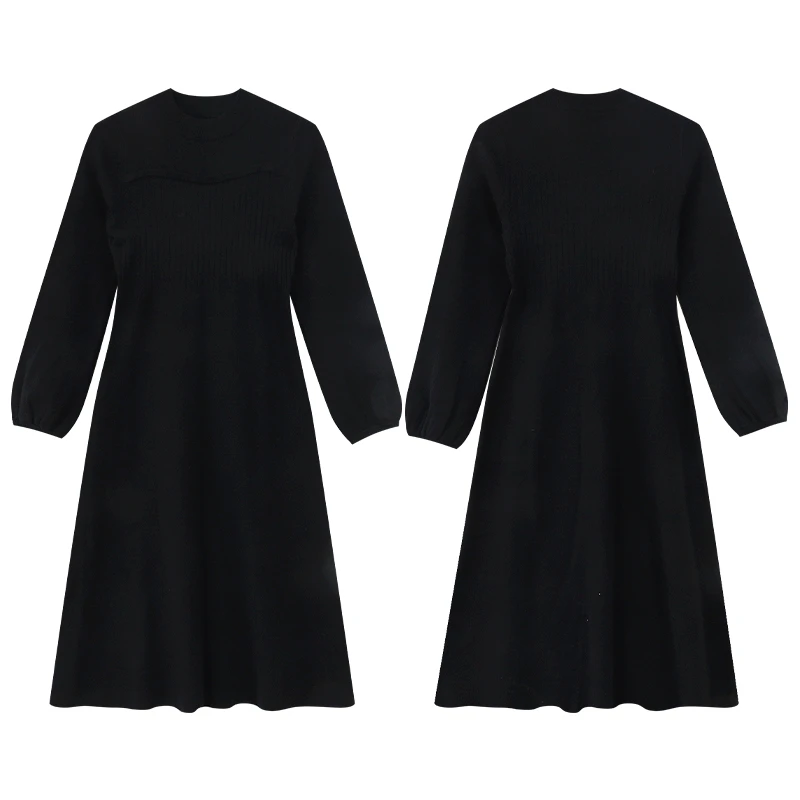 【热可可】冬季舒适圆领设计藏肉显瘦拼接竖纹精致连衣裙DM23574