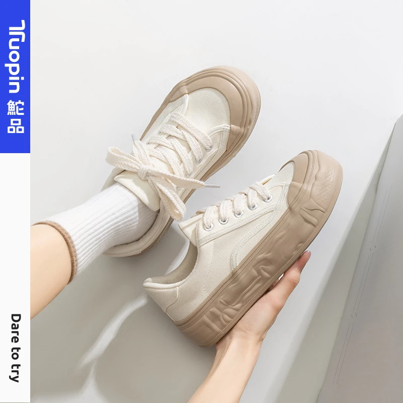 鮀品奶油风帆布鞋2025夏季新款韩风小众百搭板鞋原创厚底鞋