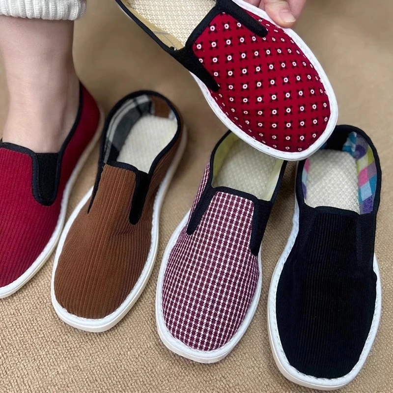 春秋款松紧口牛筋底平底布鞋手工上线一脚蹬松紧布休闲妈妈布鞋子