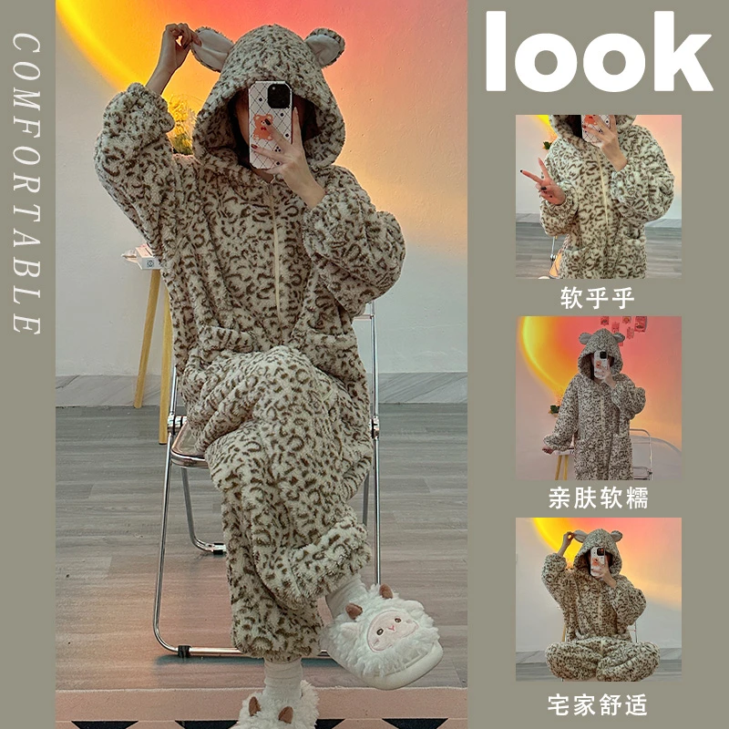 卡通豹纹珊瑚绒连体睡衣女冬季2025新款加厚法兰绒一体式家居服