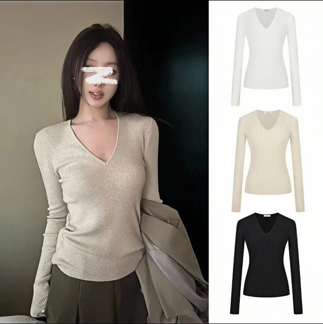 魏美女纯欲风修身显瘦百搭长袖内搭毛衣气质V领针织打底衫女春秋