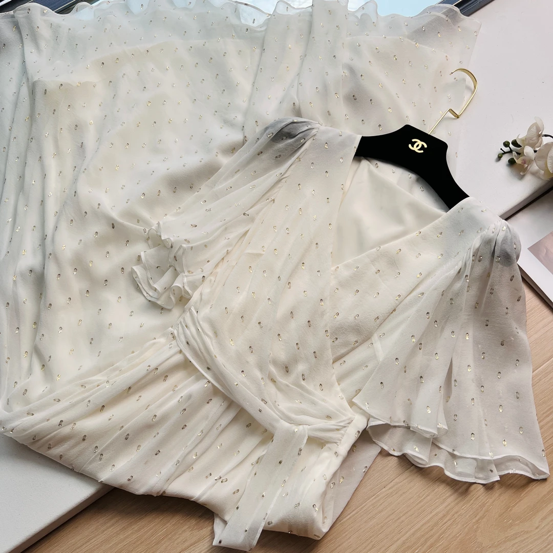 001高端桑蚕丝长款定制金丝白色连衣裙41098234春夏超显瘦连衣裙