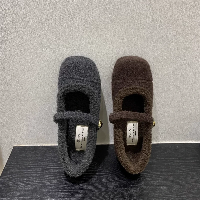 毛毛鞋女秋冬外穿新款法式复古仙女风圆头玛丽珍单鞋加绒平底棉鞋