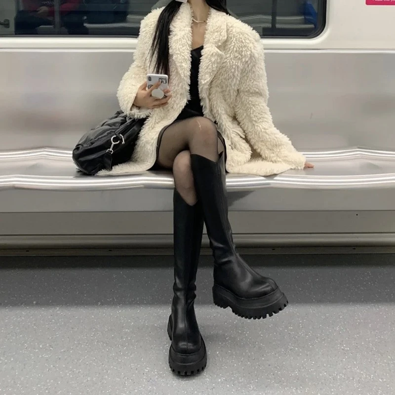 网红厚底不过膝长靴女2024秋新款增高小个子显瘦高筒骑士靴瘦瘦靴