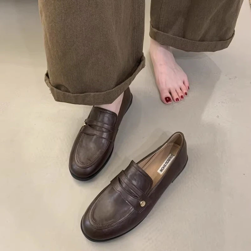 复古舒适圆头豆豆鞋2024新款法式平底休闲英伦风一脚蹬乐福单鞋女