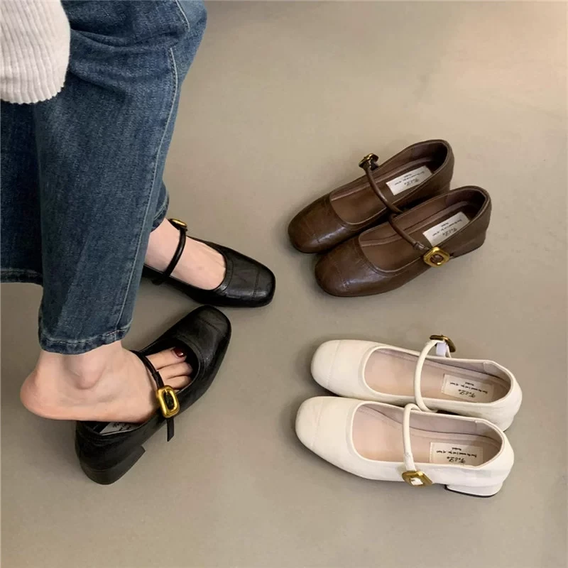 2025春新款法式单鞋女粗跟仙女风方头浅口温柔复古一字带玛丽珍鞋