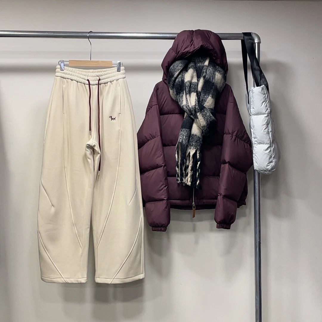 [子系女装]2024冬季新款松紧腰高腰显瘦加绒加厚弯刀裤直筒卫裤女