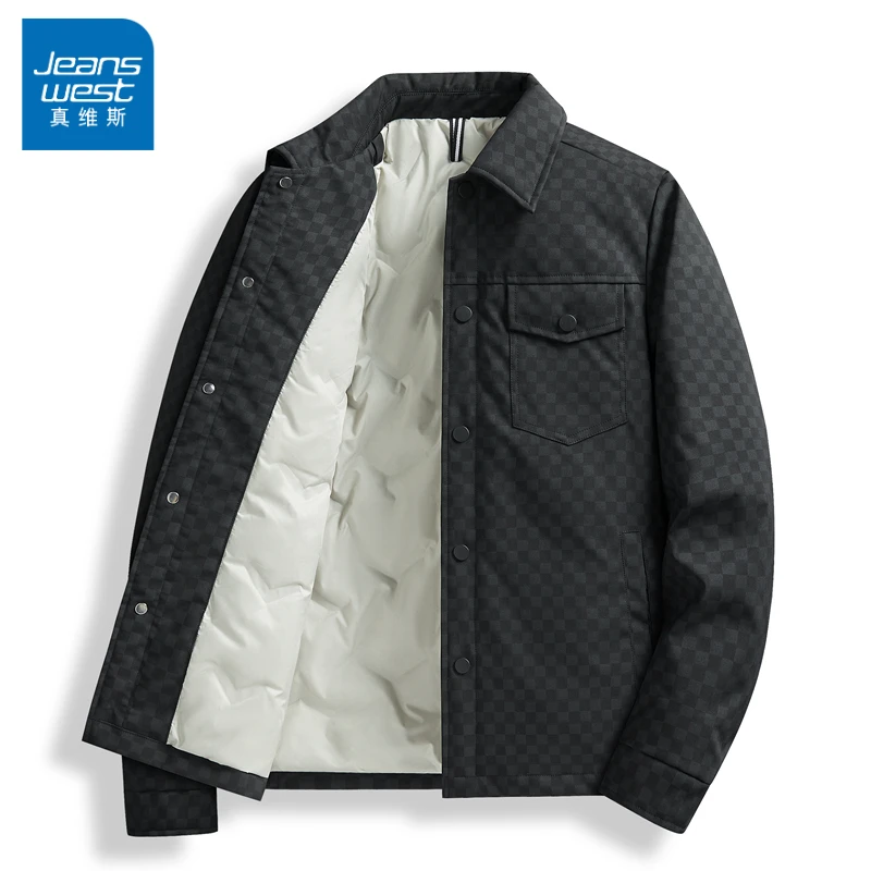 真维斯秋冬新款轻薄棉服修身棋盘格子夹克男商务休闲翻领棉衣外套