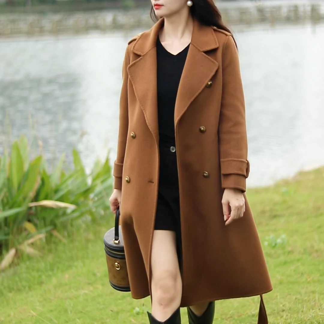 【妍妍】中长款双面呢羊毛大衣女士长款秋冬外套1825纯毛版#