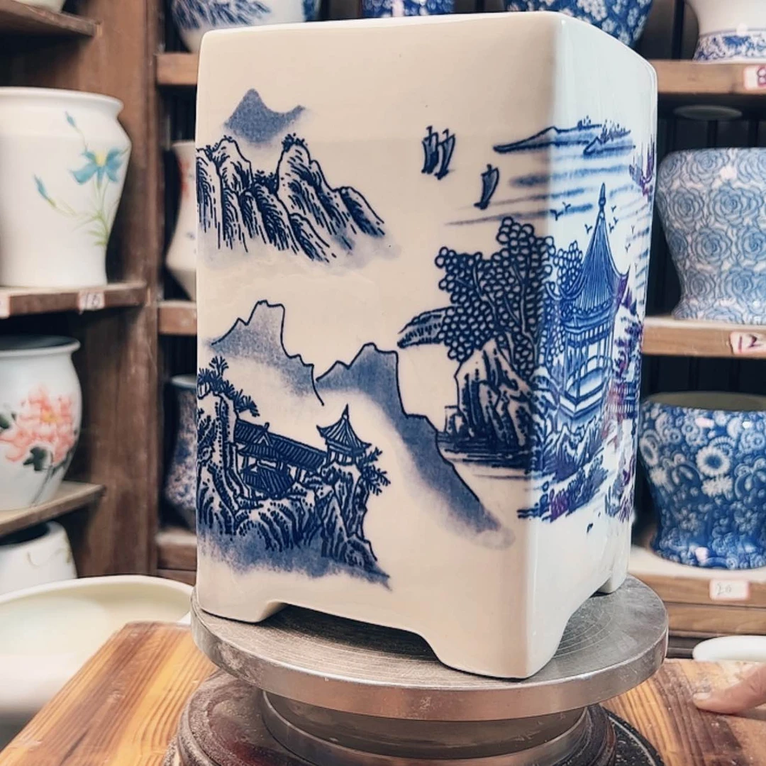 【闪购商品】陶瓷摆件四方盆山水大