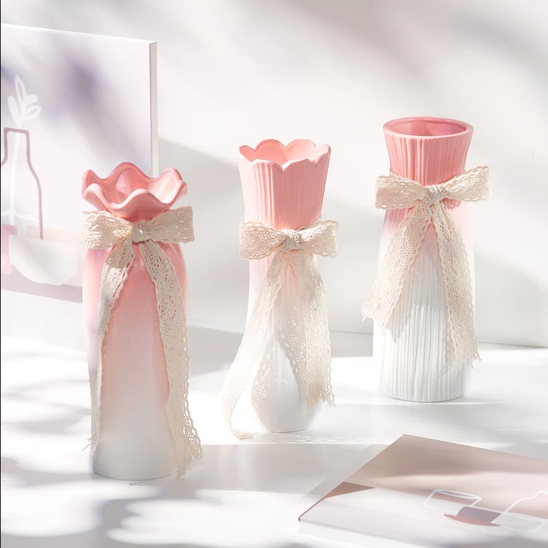 北欧风粉色渐变陶瓷花瓶轻奢高级感客厅玄关仿真鲜花插花装饰摆件