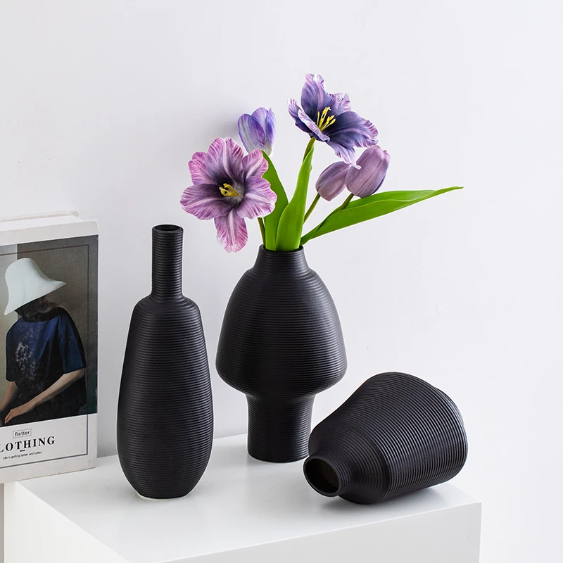 北欧黑色艺术拉丝陶瓷装饰花瓶家用客厅餐桌玄关干花插花摆件花器