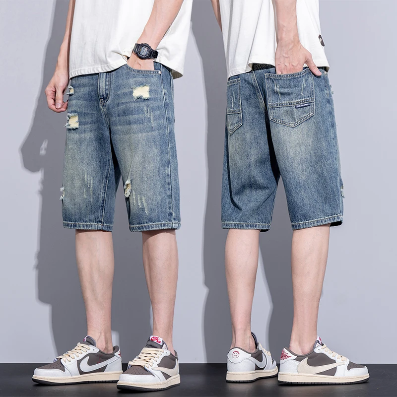 牛仔短裤男士2024夏季新款美式冰丝复古潮牌破洞休闲五分裤子男款
