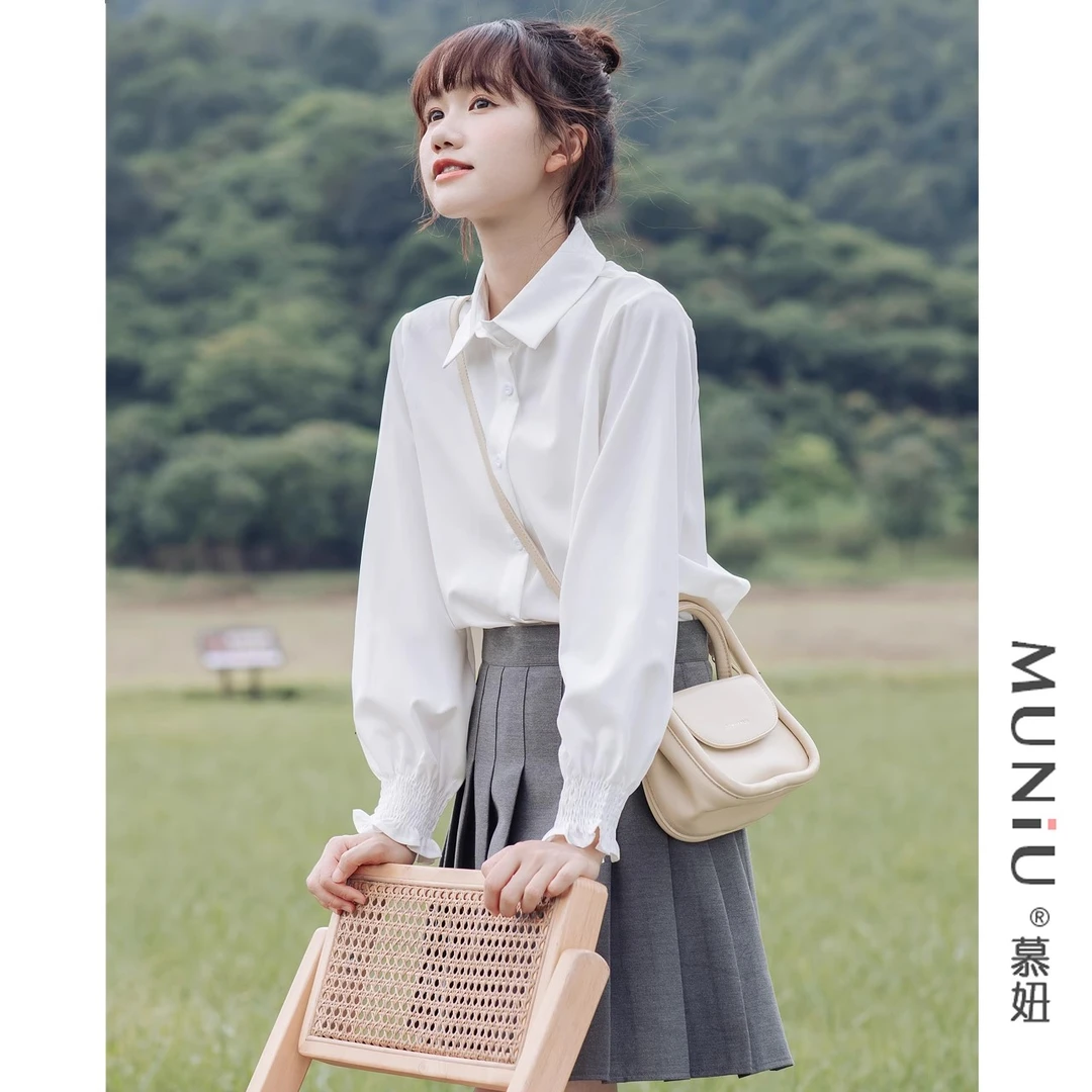 日系小清新长袖衬衫女2024春秋新款甜美上衣学院风内搭时尚衬衣潮