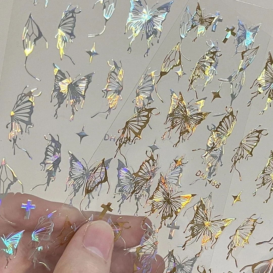 ins液态蝴蝶贴纸辣妹美甲贴银色防水持久镂空黑银镭射贴花网红款