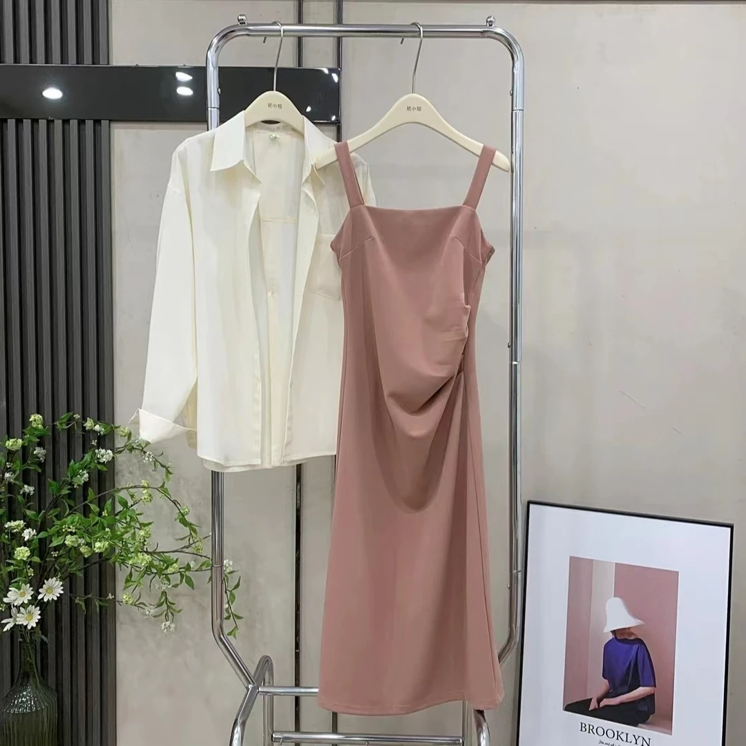 春夏新款女装韩版时尚气质背后设计感衬衫+吊带连衣裙