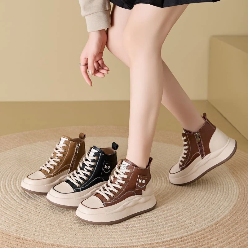 高帮鞋女2024秋冬季新款百搭复古小白鞋运动休闲溶解板鞋