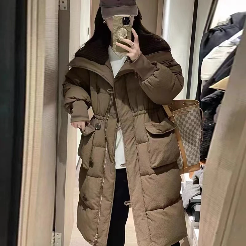 2023韩版长款收腰冬季新款宽松时尚休闲翻领加厚保暖棉服外套女