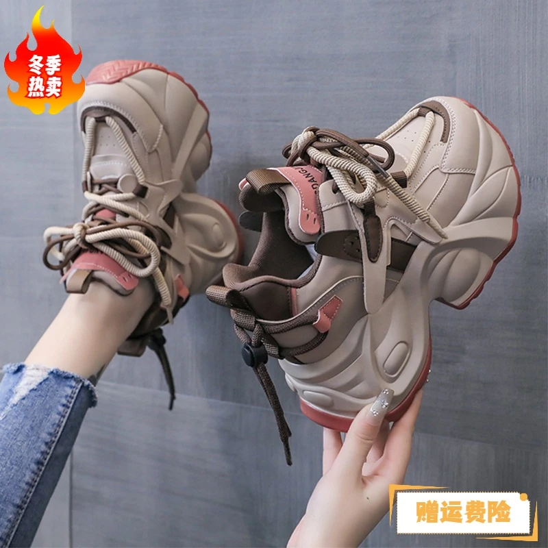 红蜻蜓牌欧式老爹鞋女超火2023新款秋冬加绒休闲鞋子厚底小个子内